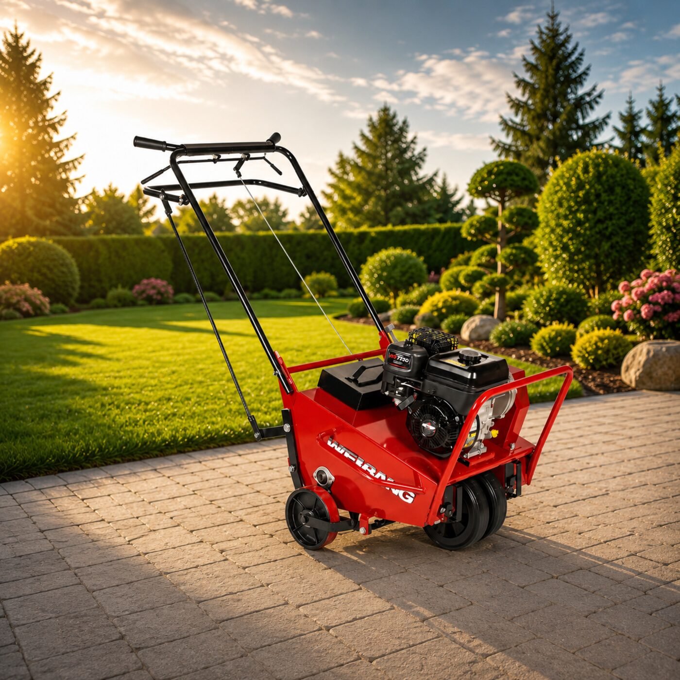 Czerwony aerator rurkowy Weibang na kostce brukowej przy trawniku