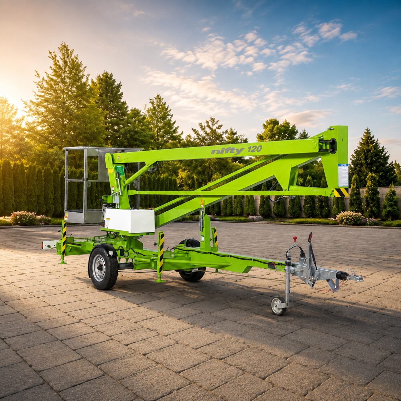 Zielony podnośnik przyczepny NIFTY 120 o zasięgu 9 m na kostce brukowej